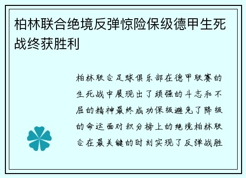 柏林联合绝境反弹惊险保级德甲生死战终获胜利